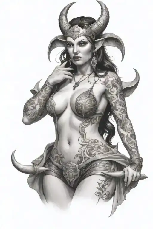 succubus, large breasted, attractive woman, small horns, symetrical horns tattoo design idea
