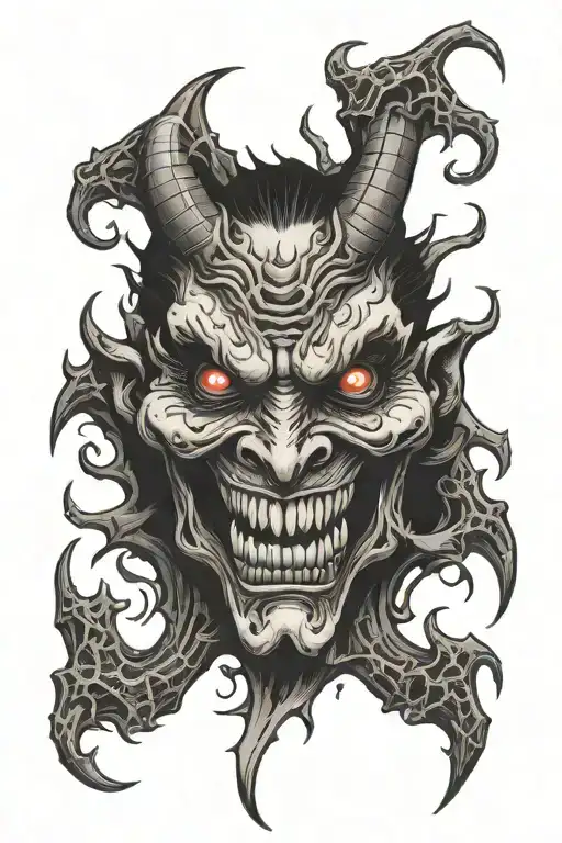 Demon face, evil, smiling tattoo design idea