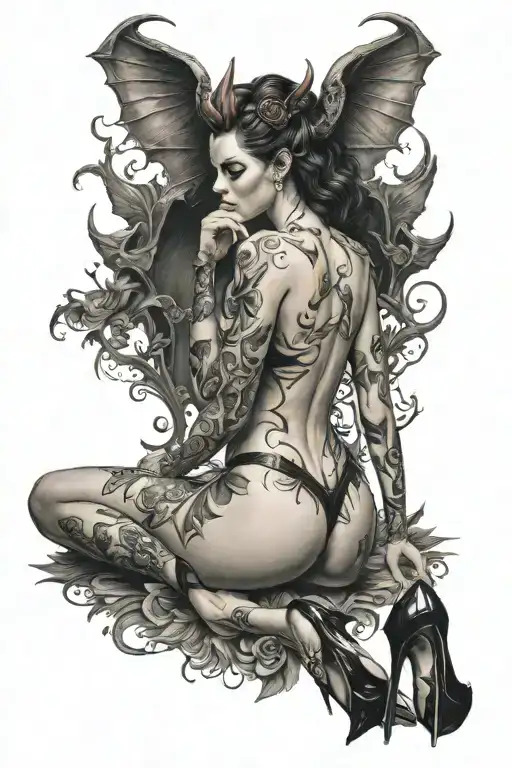 succubus, back and shoulders, sexual, ful body, high heels, spread legs tattoo design idea