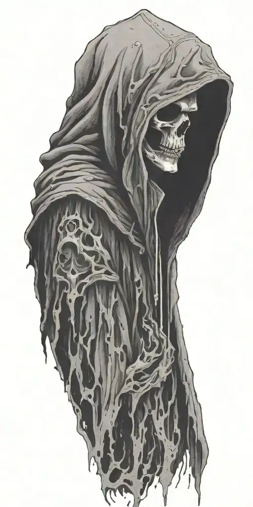 hooded reaper silohuette, smoke, fire, scary, bat wings tattoo design idea