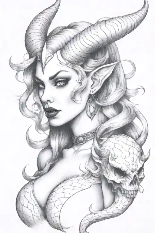 succubus, seductive, tongue out, sexual, large breasted, attractive woman, demoness, twisted horns tattoo design idea