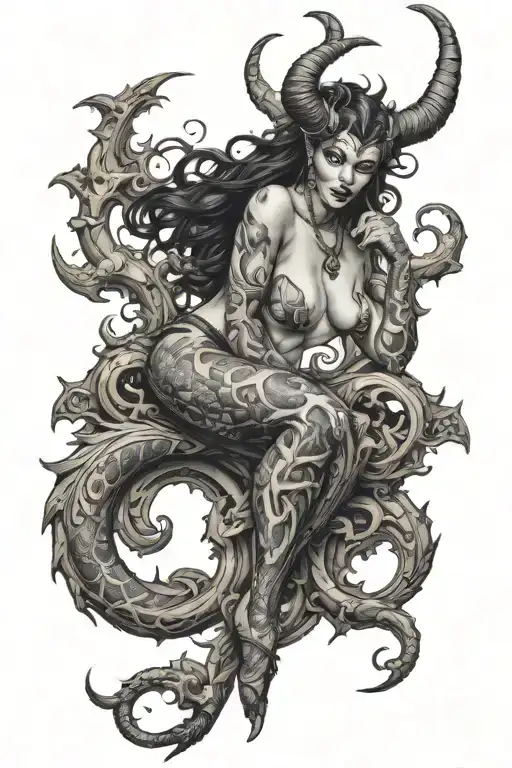 succubus, full body, tattooed, large breasted, attractive woman, large twisted horns, demoness, seductive, detailed tattoo design idea