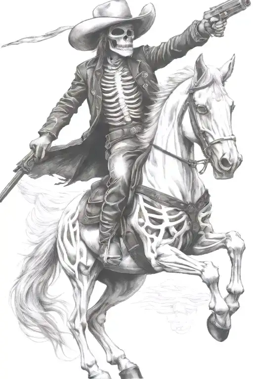 skeleton cowboy, skeleton horse, fire tattoo design idea