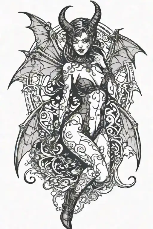 Succubus, seductive, large breasted, lingerie, bat wings, tattooed, full body, standing tattoo design idea