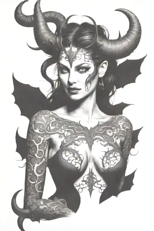 succubus, full body, silohuette, large horns, smiling, seductive, symetrical, thorns tattoo design idea