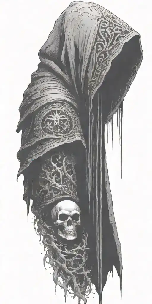 hooded reaper silohuette, smoke, fire, scary, bat wings tattoo design idea