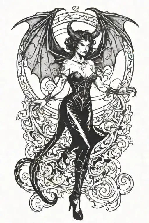 succubus, standing, heels, batwings, large breasted, laced clothing, attractive woman, large horns tattoo design idea