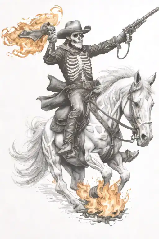 skeleton cowboy, skeleton horse, fire tattoo design idea