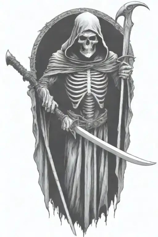 hooded Reaper, darkness,, scary, holding a scythe, blade tattoo design idea