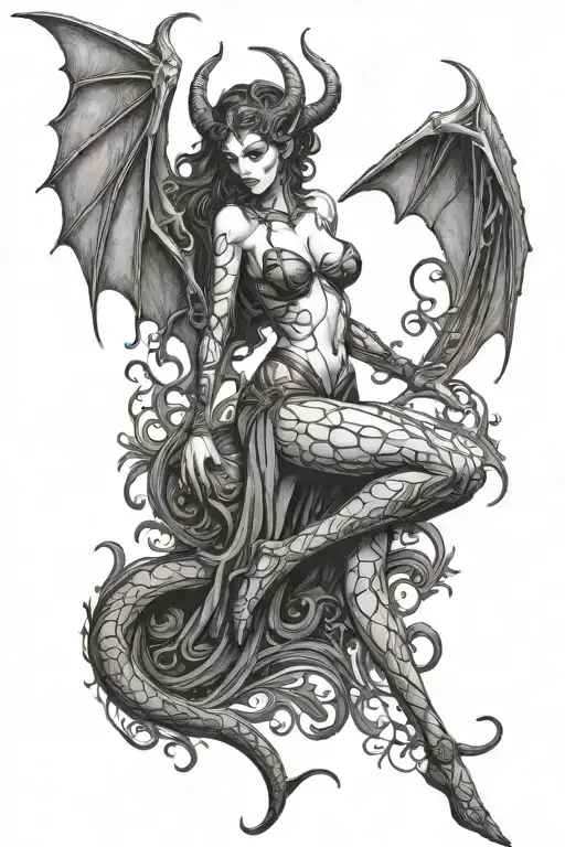 succubus, full body, attractive woman, seductive, sexual stance  tattoo design idea