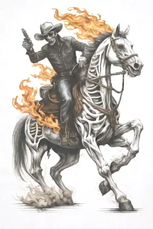 skeleton cowboy, skeleton horse, fire tattoo design idea