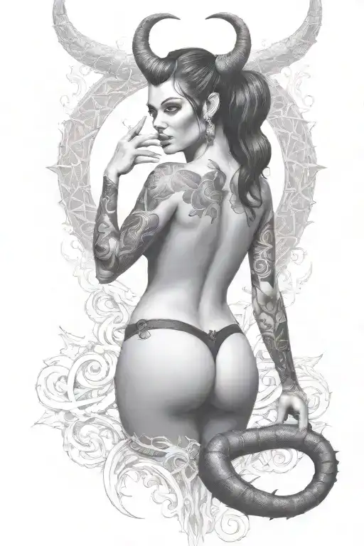 Succubus, seductive, large breasted, lingerie, tattooed, full body, standing, large horns, thorns tattoo design idea