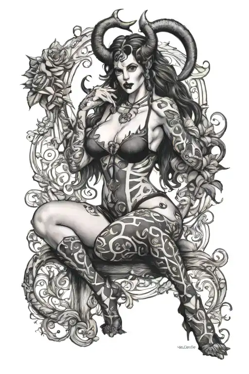 Succubus, seductive, large breasted, lingerie, tattooed, full body, standing tattoo design idea