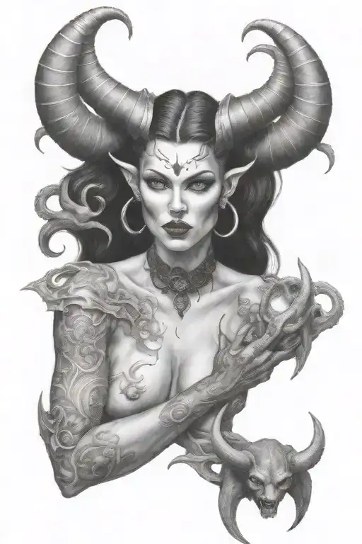 succubus, large breasted, attractive woman, horns tattoo design idea