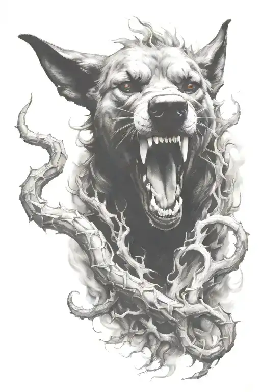 hell hound, smoke, vicious, fire, thorns tattoo design idea