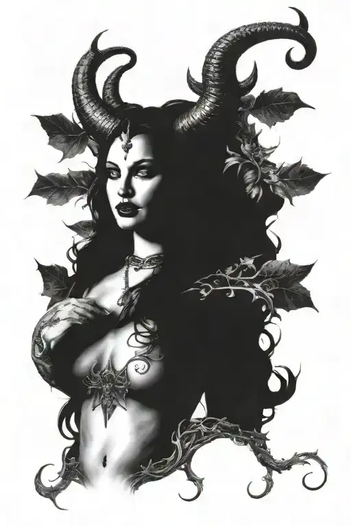 succubus, seductive, sexual, large breasted, attractive woman, demoness, large horns, smiling, full body, thorns tattoo design idea