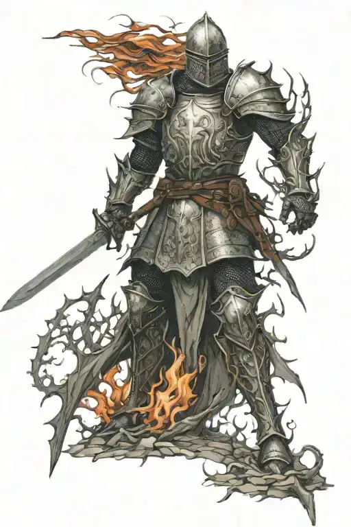 knight on fire, in battle, medevil, thorns, standing alone tattoo design idea