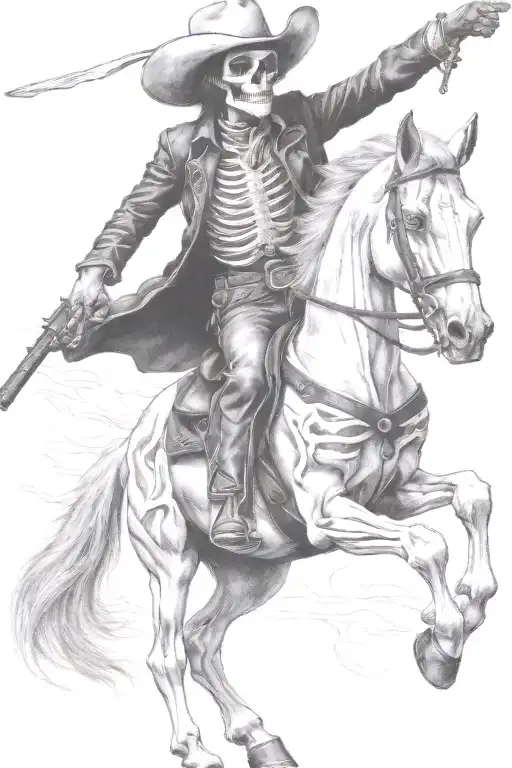 skeleton cowboy, skeleton horse, fire tattoo design idea