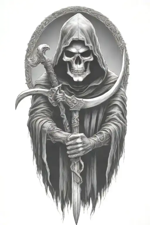 hooded Reaper, darkness,, scary, holding a scythe, blade tattoo design idea