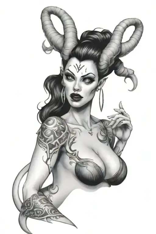 succubus, seductive, tongue out, sexual, large breasted, attractive woman, demoness, twisted horns tattoo design idea