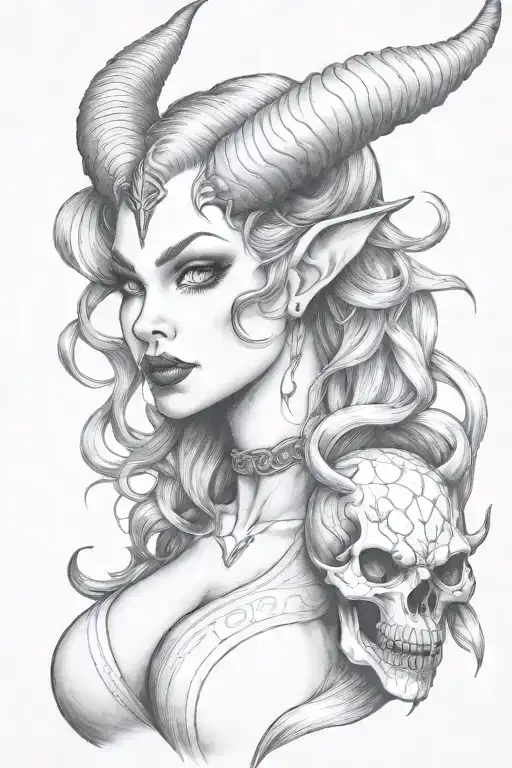 succubus, seductive, tongue out, sexual, large breasted, attractive woman, demoness, twisted horns tattoo design idea