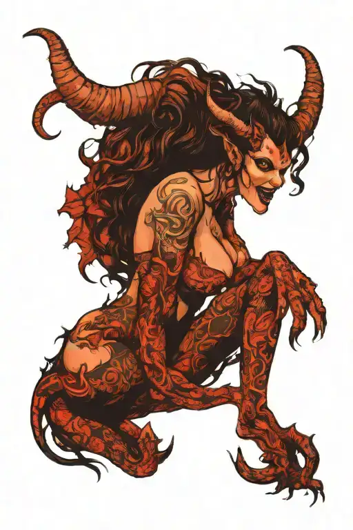 succubus, seductive, sexual, large breasted, attractive woman, demoness, large horns, smiling, full body, thorns tattoo design idea