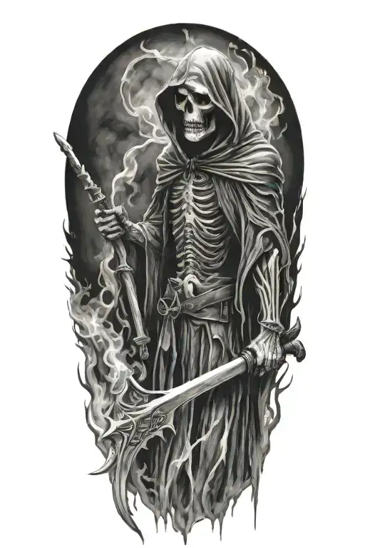 Grim Reaper, smoke, succubus, scythe tattoo design idea