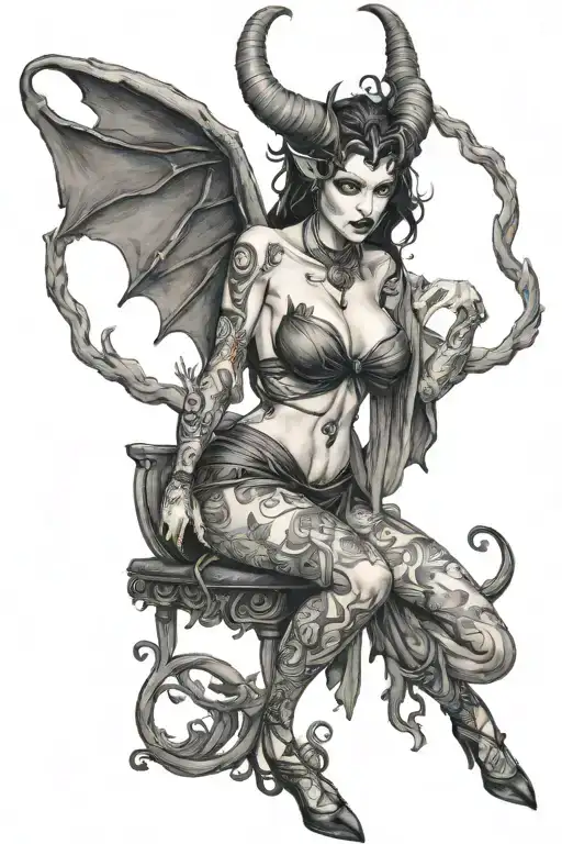 succubus, full body, tattooed, large breasted, attractive woman, large twisted horns, seductive, heels, standing tattoo design idea