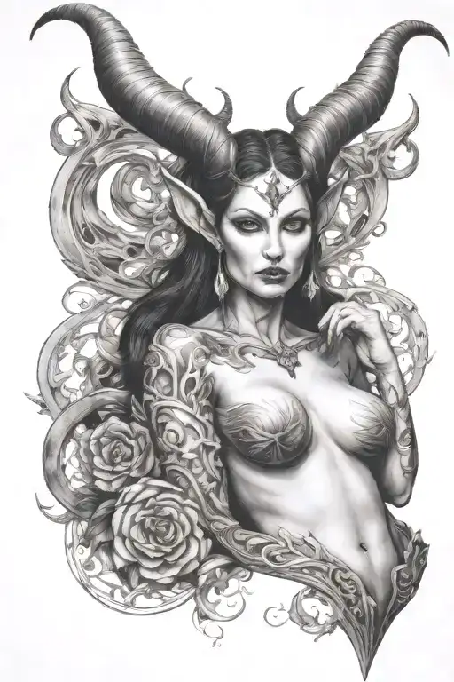 succubus, large breasted, attractive woman, small horns, symetrical horns tattoo design idea
