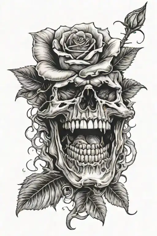 rose inside mouth, open mouth, skull tattoo design idea