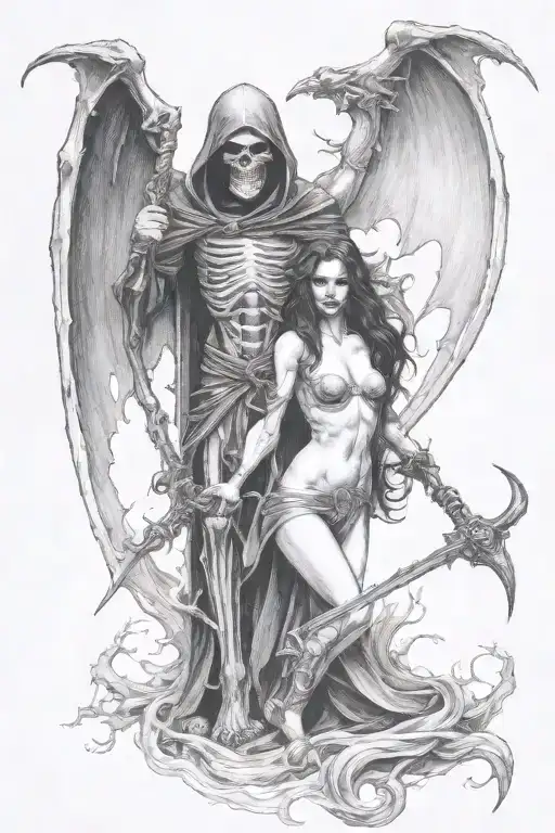 succubus and a grim reaper, seductive  tattoo design idea