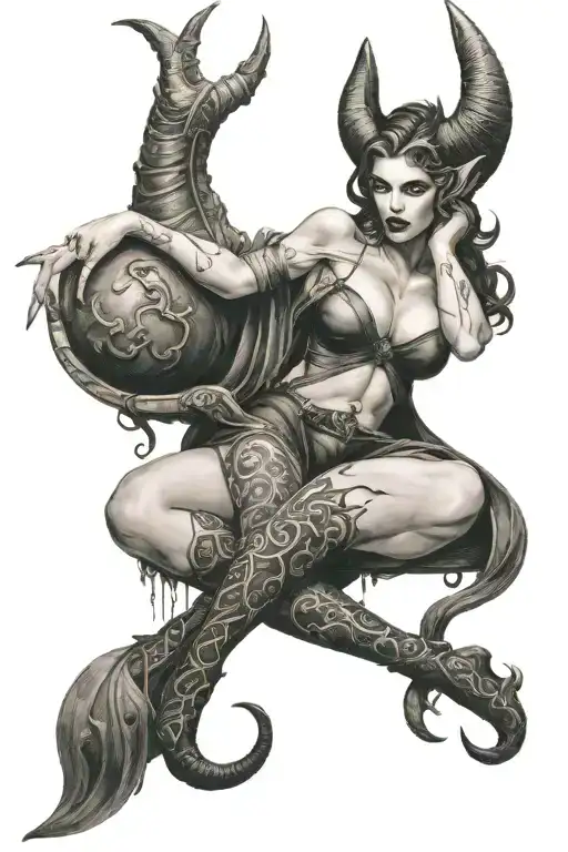 succubus, large breasted, attractive woman, horns tattoo design idea