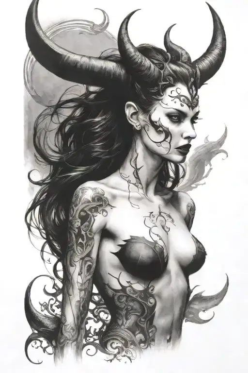 succubus, attractive woman, seductive shadow, solihuette tattoo design idea