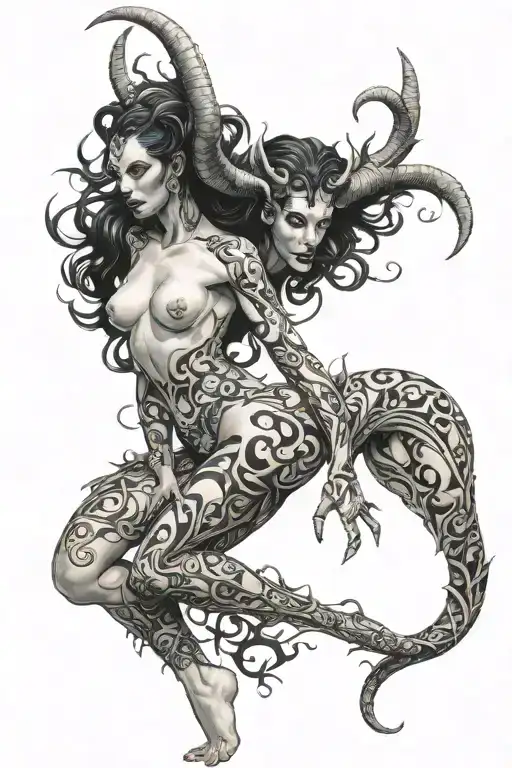 succubus, seductive, nude, twisted horns, full body, detailed  tattoo design idea