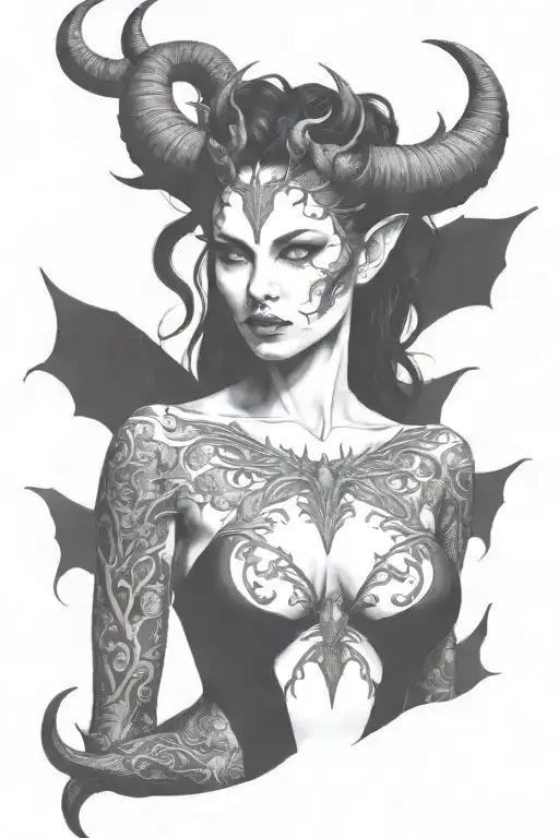 succubus, full body, silohuette, large horns on head, smiling, seductive, symetrical, thorns tattoo design idea
