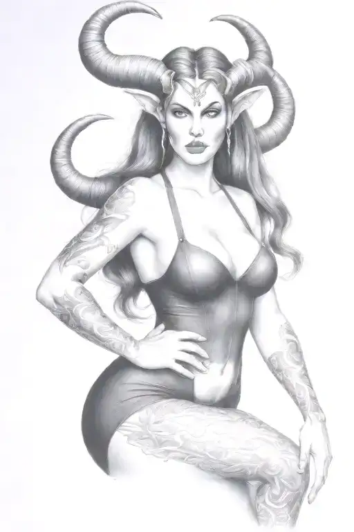 succubus, large breasted, attractive woman, horns tattoo design idea
