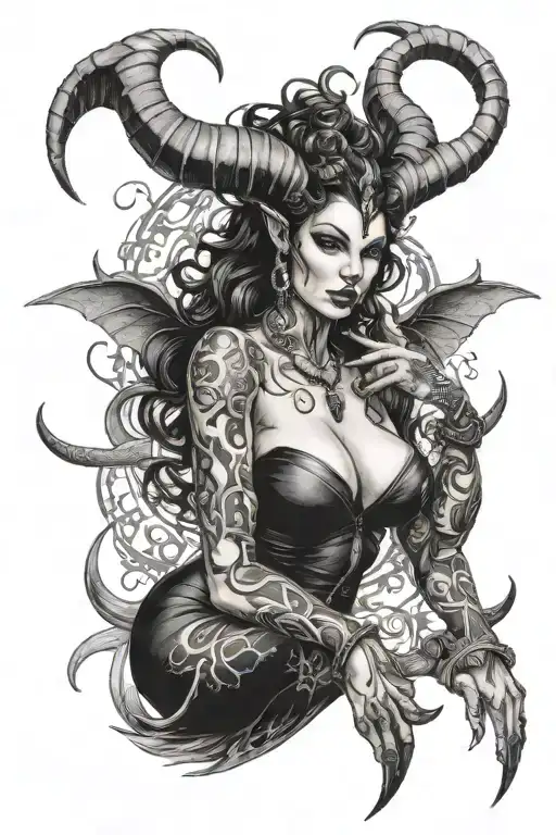 succubus, full body, tattooed, large breasted, attractive woman, large twisted horns, demoness, seductive, detailed tattoo design idea
