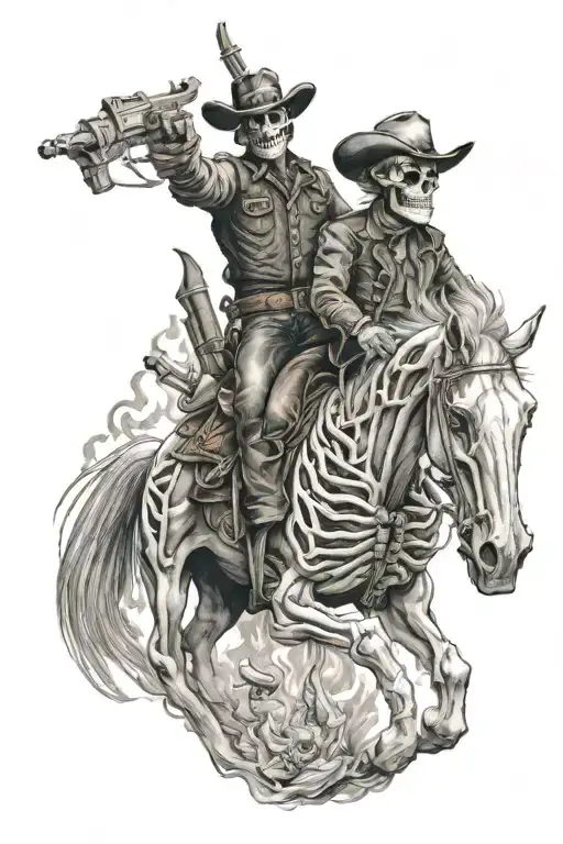skeleton cowboy, skeleton horse, fire tattoo design idea