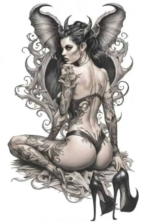 succubus, back and shoulders, sexual, ful body, high heels, spread legs, large horns tattoo design idea