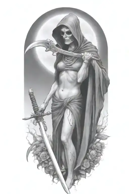 Grim Reaper and a woman, scythe tattoo design idea