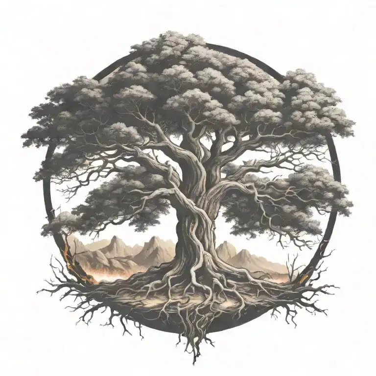 tree of life on fire burning tattoo design idea