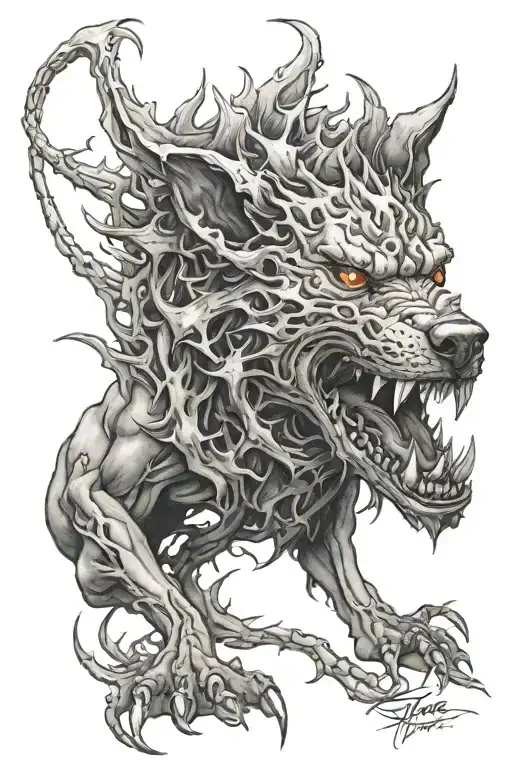 hell hound, smoke, vicious, fire, thorns tattoo design idea