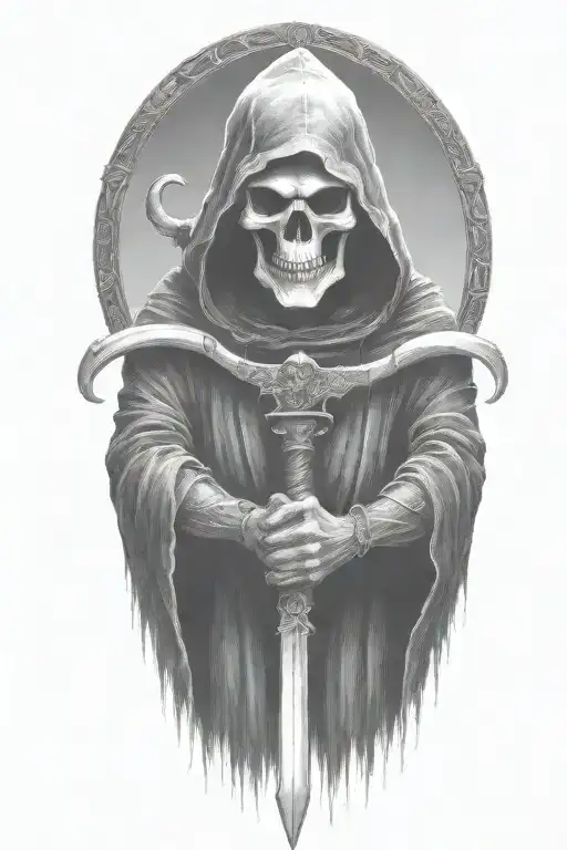 hooded Reaper, darkness,, scary, holding a scythe, blade tattoo design idea