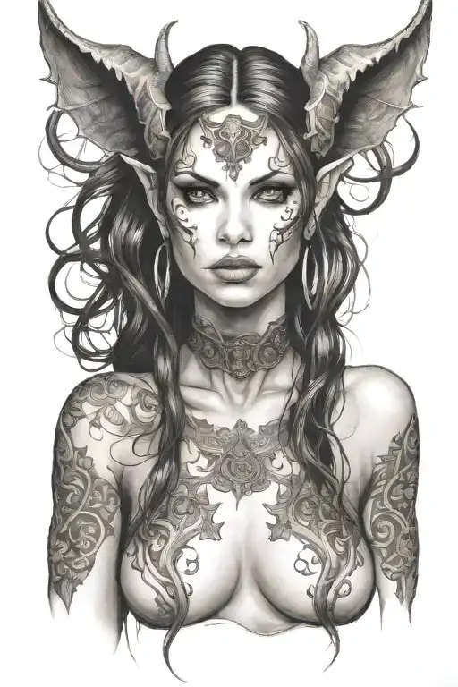 succubus, attractive woman, face, seductive, tongue out  tattoo design idea