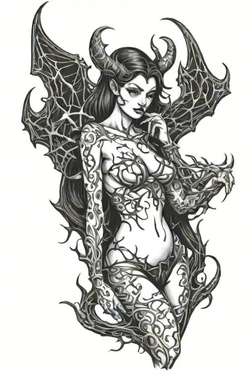 succubus, full body, seductive, large breasted, thorns tattoo design idea