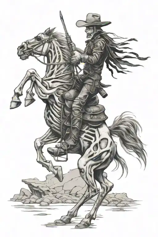 skeleton cowboy, skeleton horse, black and white, detailed, bones tattoo design idea