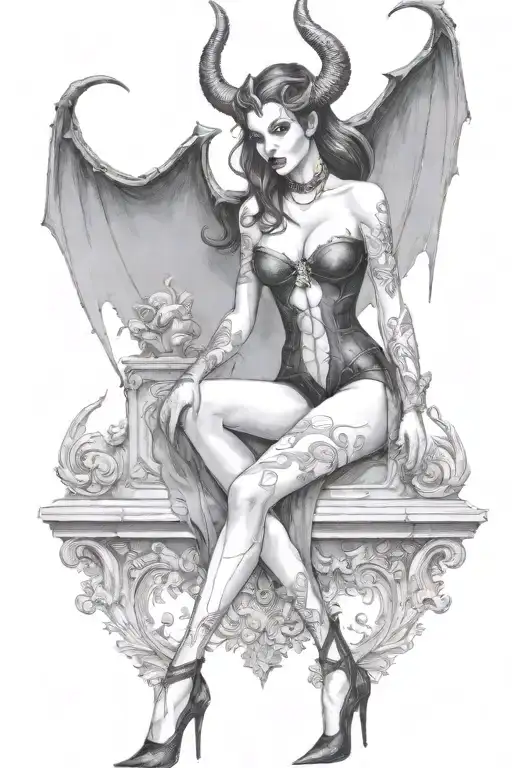 succubus, standing, heels, batwings, large breasted, laced clothing, attractive woman, large horns tattoo design idea