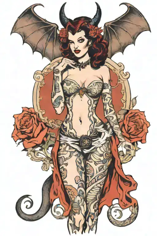 Succubus, seductive, large breasted, lingerie, bat wings, tattooed, full body tattoo design idea