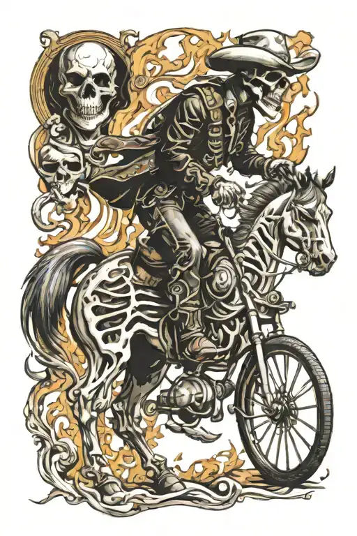 skeleton cowboy, skeleton horse, fire tattoo design idea