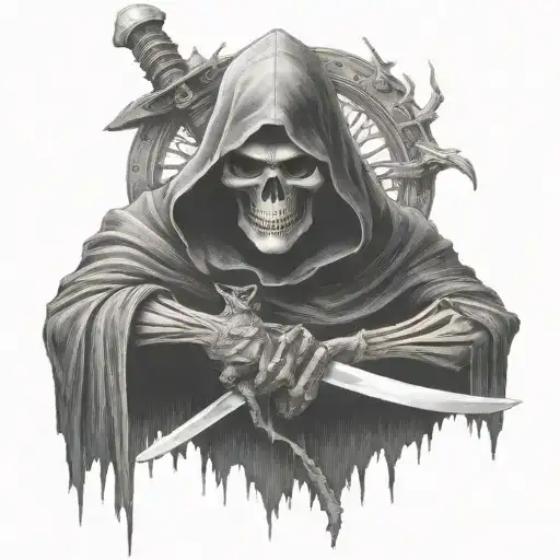 reaper full body, hooded, dark tattoo design idea